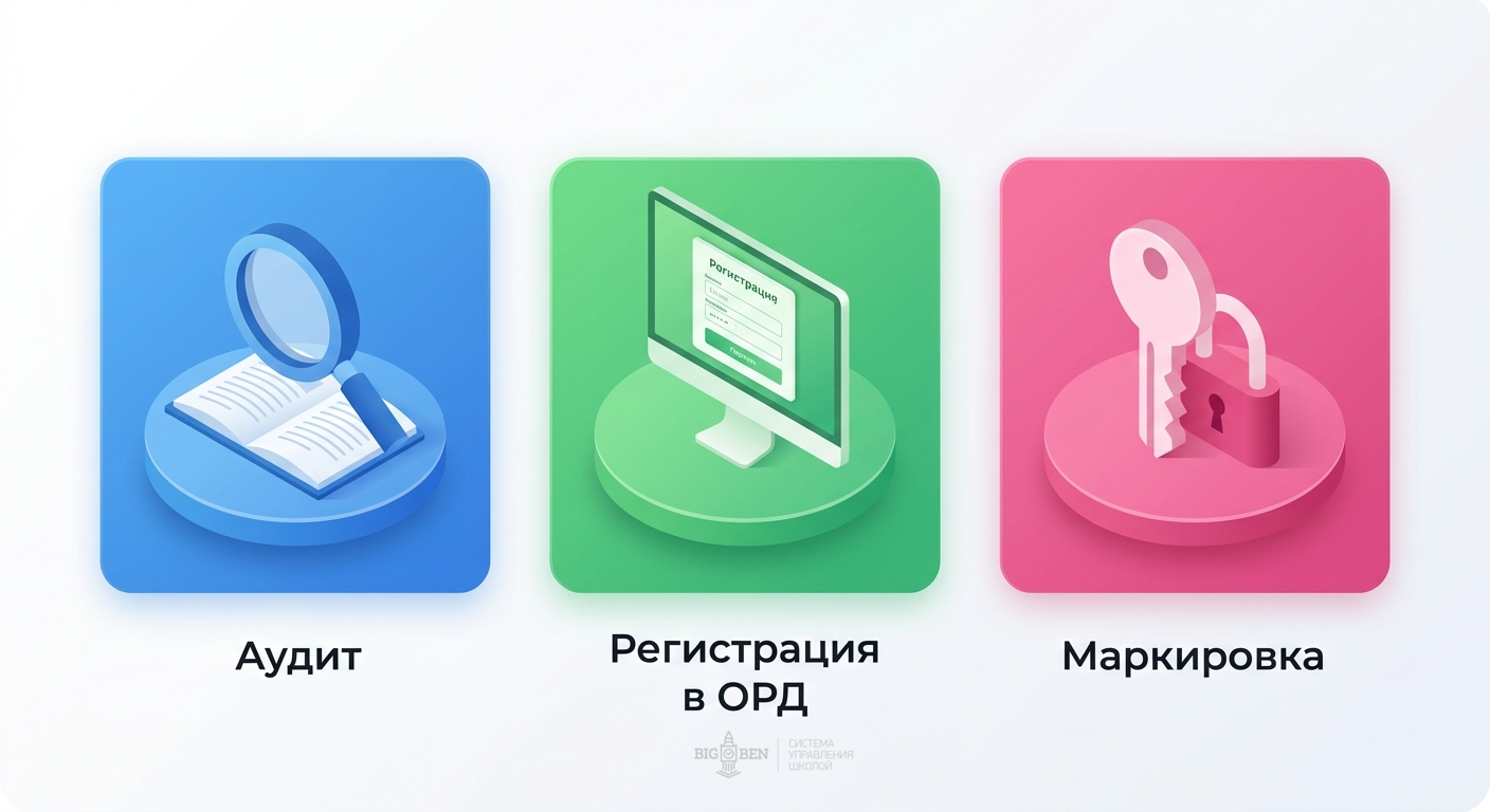 Три этапа маркировки рекламы: аудит контента, регистрация в ОРД, получение токена — изометрическая инфографика