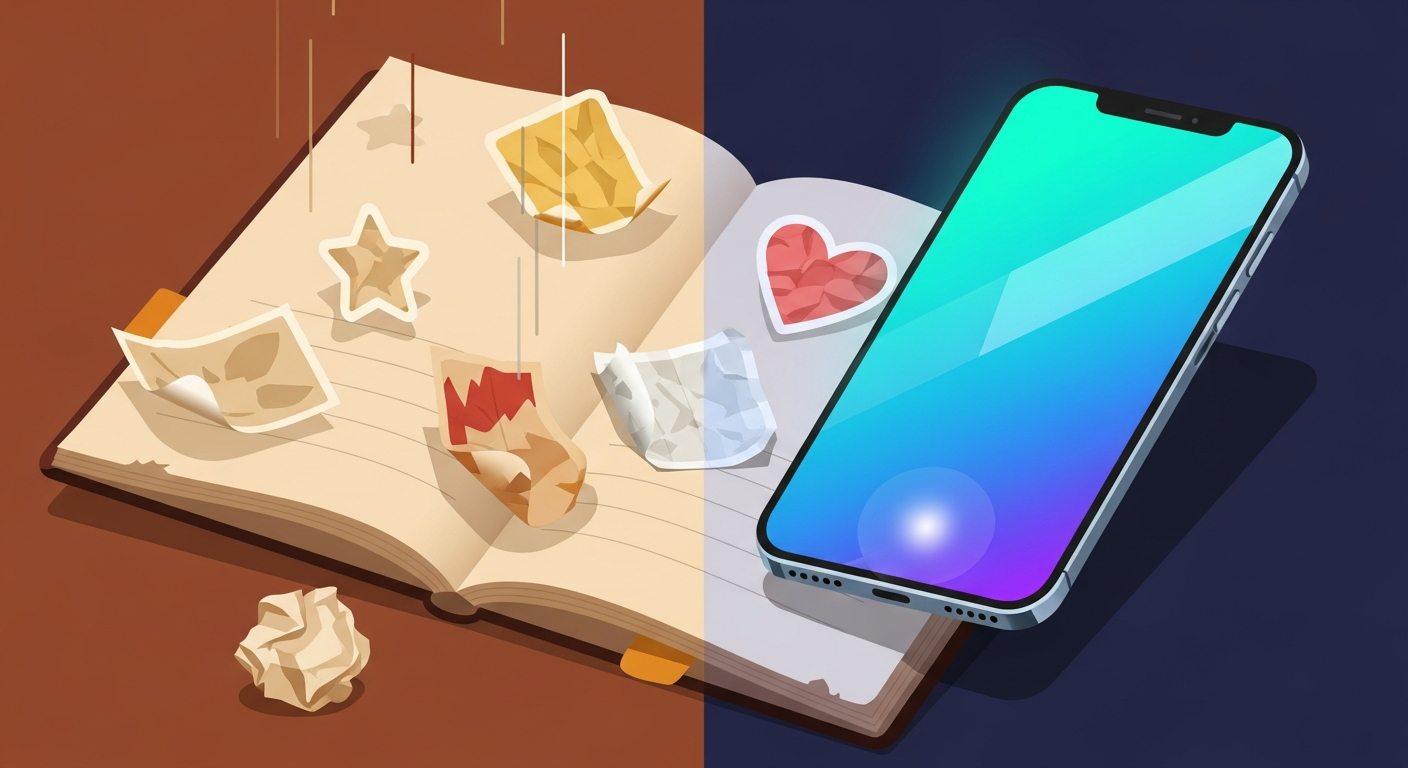 Слева: мятая тетрадь с отклеившимися бумажными стикерами. Справа: сияющий смартфон с цифровой коллекцией
