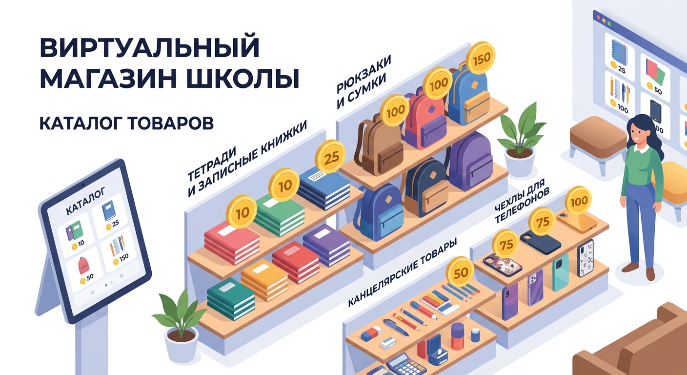 Виртуальный магазин школы: полки с мерчом, монетки-ценники, планшет с каталогом