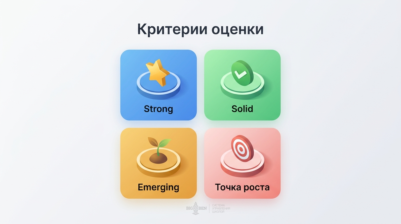 Критерии оценки преподавателя: Strong, Solid, Emerging, Area of Work