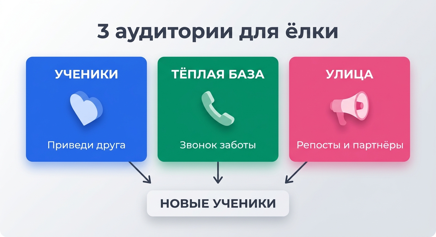 Три типа аудитории для лидогенерации через новогоднюю ёлку: текущие ученики, тёплая база, холодная улица