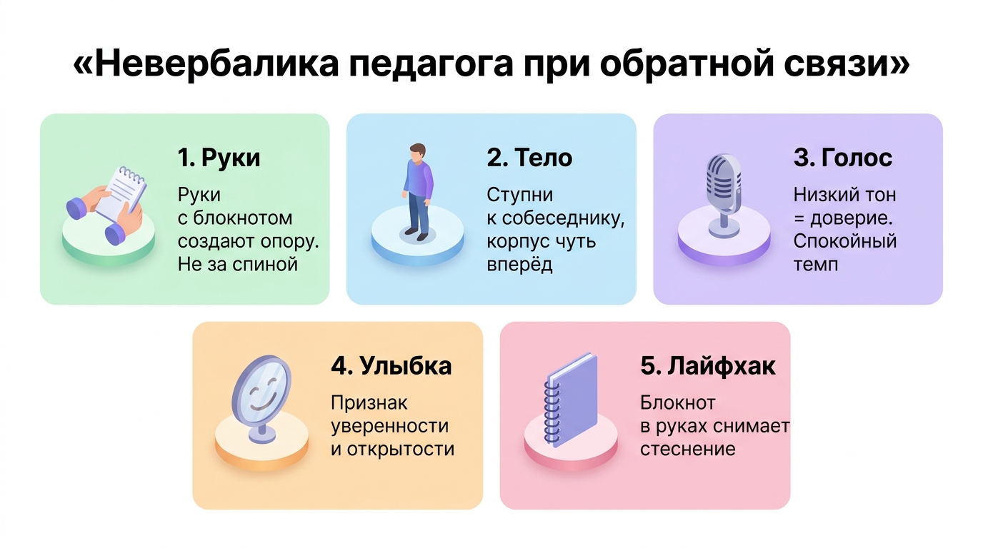 Инфографика: 5 правил невербалики педагога — руки с блокнотом, ступни к аудитории, низкий голос, улыбка