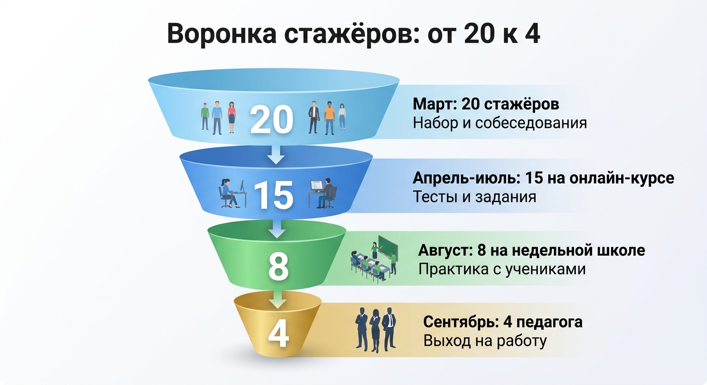 Воронка стажёров: от набора через обучение к самостоятельной работе преподавателя