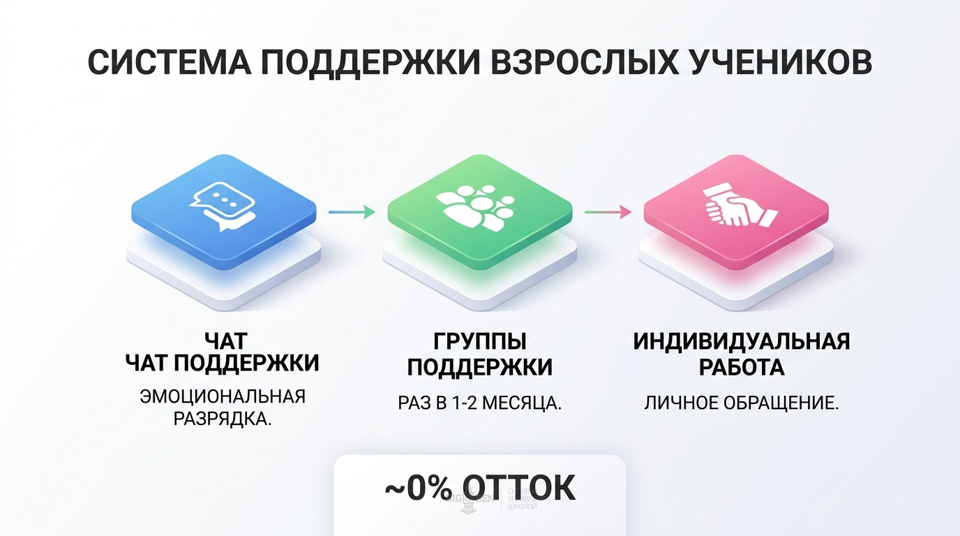 Система поддержки взрослых учеников: три уровня — чат, группы поддержки, индивидуальная работа