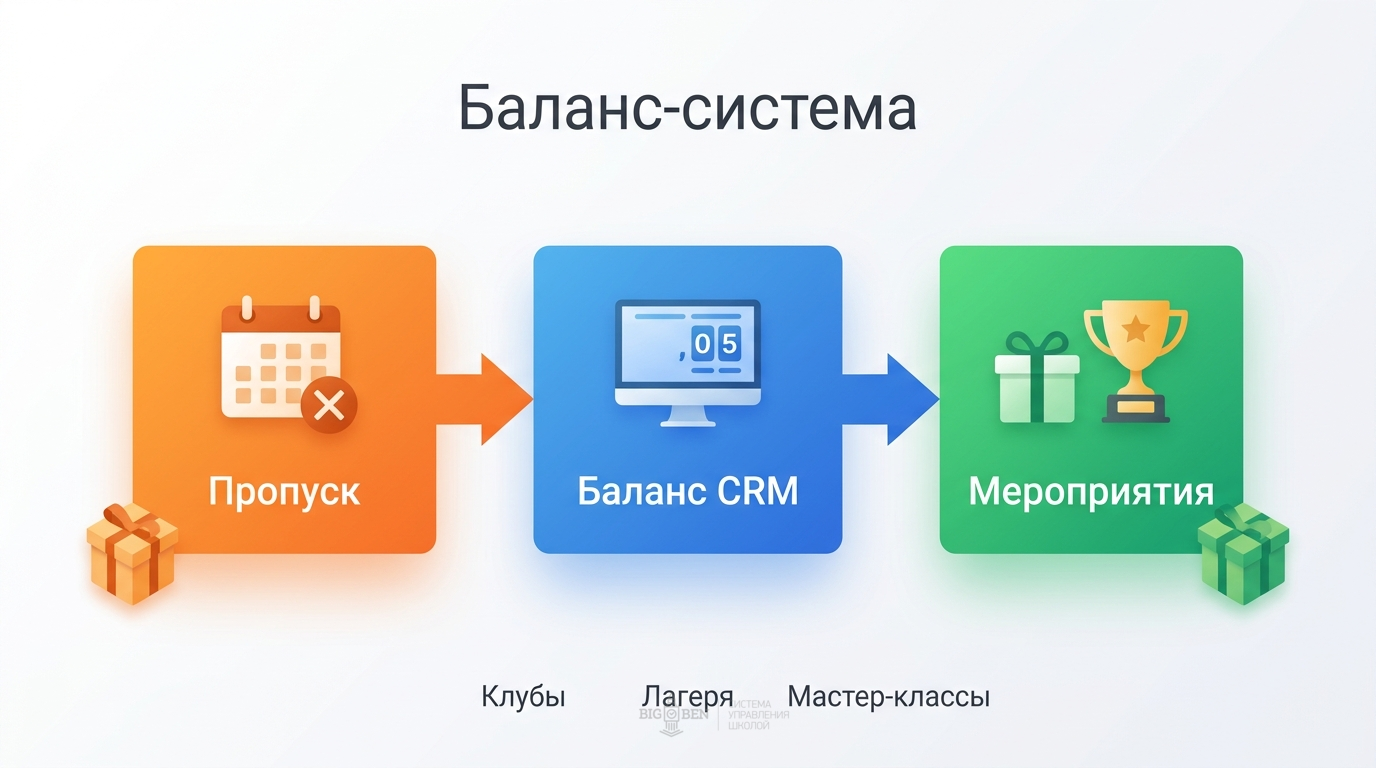 Баланс-система в CRM: занятия заводятся на счёт, при посещении списываются, остаток тратится на мероприятия