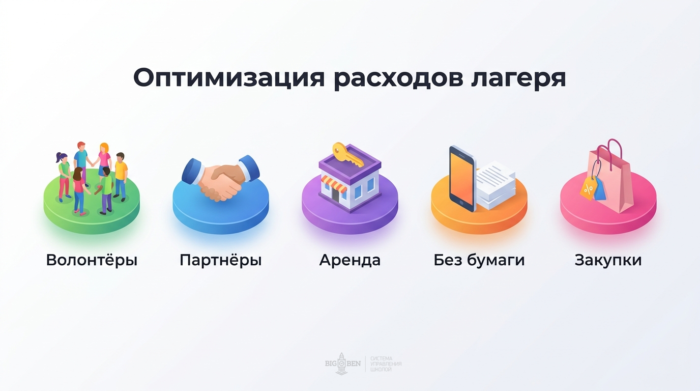 5 способов оптимизировать расходы летнего лагеря: волонтёры, партнёры, аренда, бумага, закупки