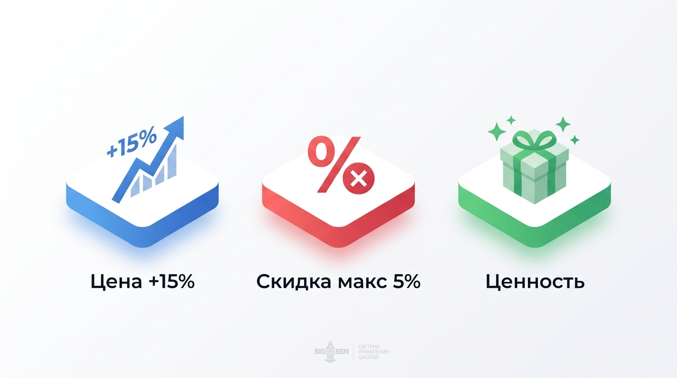 Ценообразование летнего лагеря: повышение 15%, максимальная скидка 5%, дополнительная ценность вместо скидок