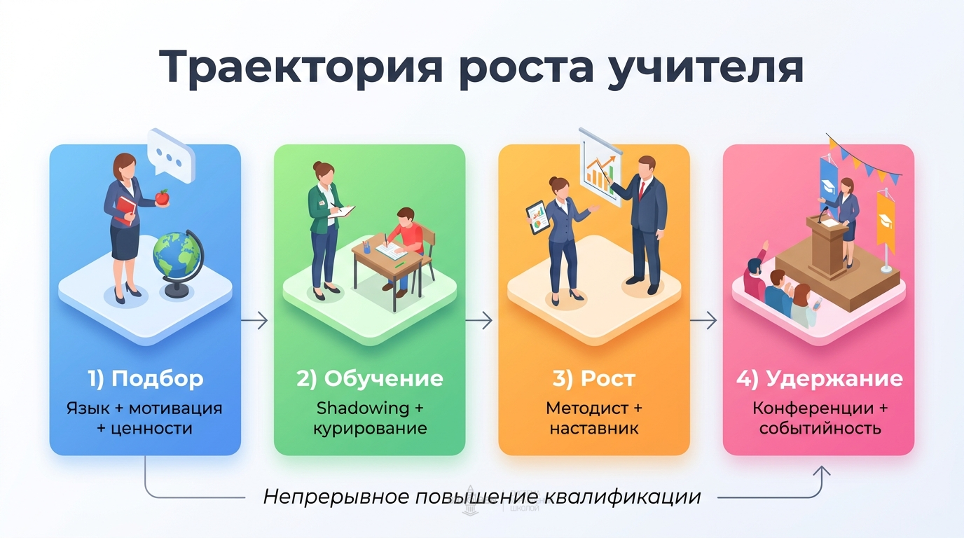 Траектория роста учителя в языковой школе: подбор, обучение, рост, удержание