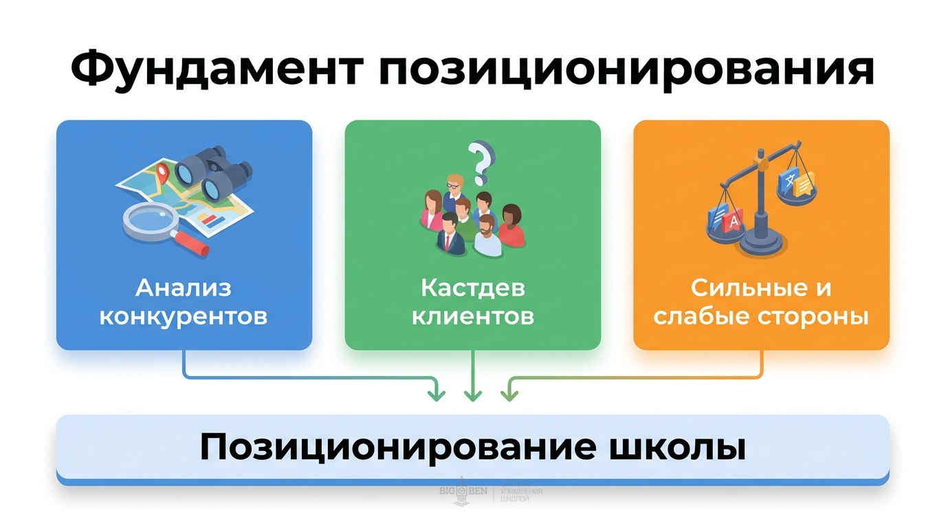 Схема: анализ конкурентов, кастдевы клиентов, сильные и слабые стороны — фундамент позиционирования языковой школы