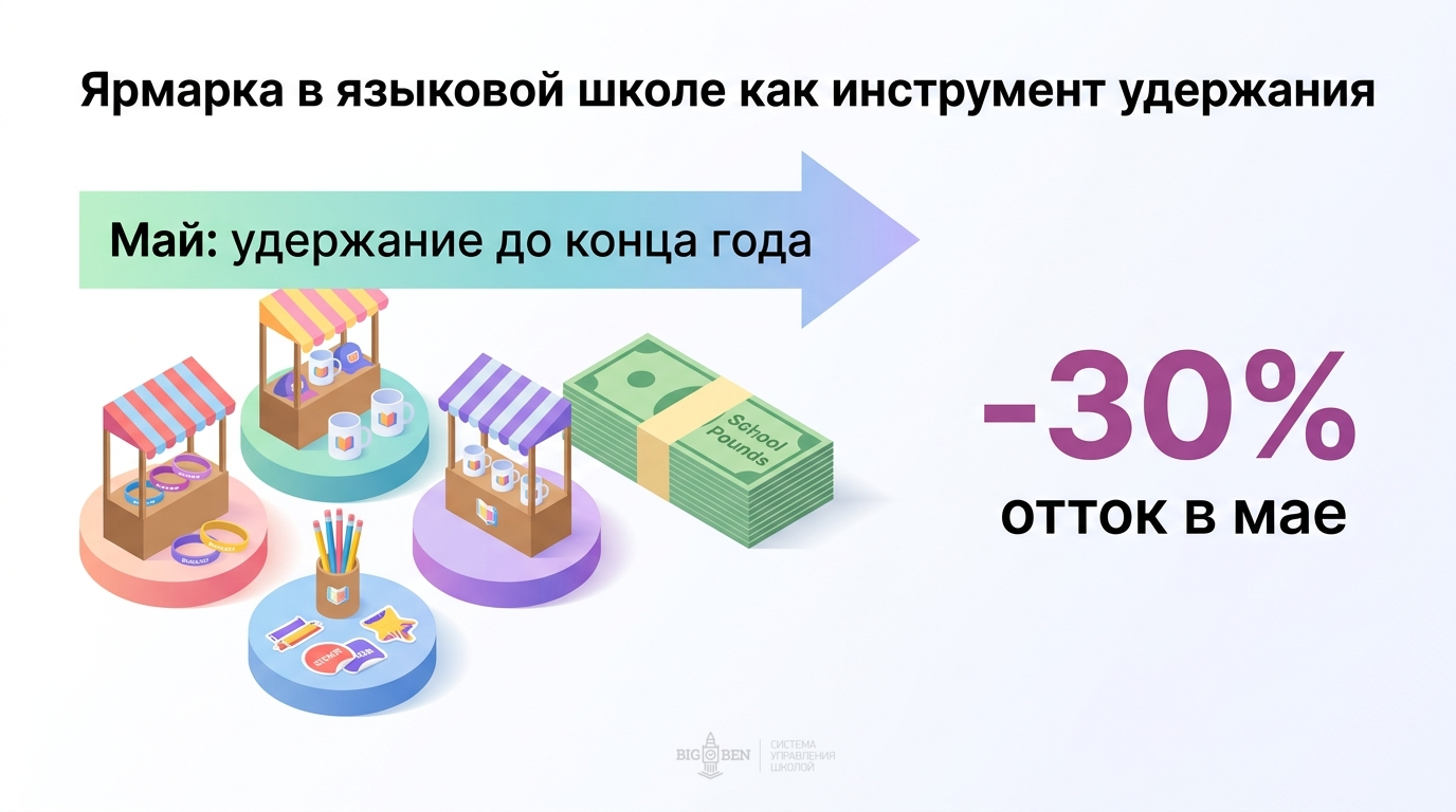 Ярмарка в языковой школе: внутренняя валюта, брендированные сувениры и удержание учеников в мае