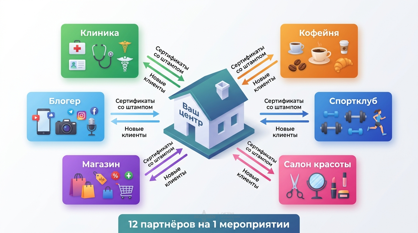 Система партнёрств: центр, партнёры, обмен сертификатами, отслеживание через штампы
