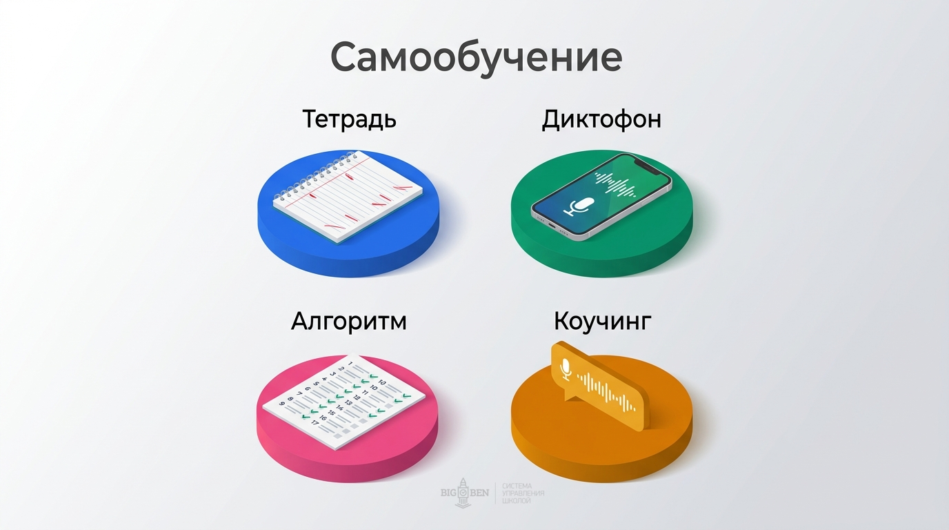 Система самообучения: тетрадь, диктофон, разговорник, алгоритмы по микрошагам
