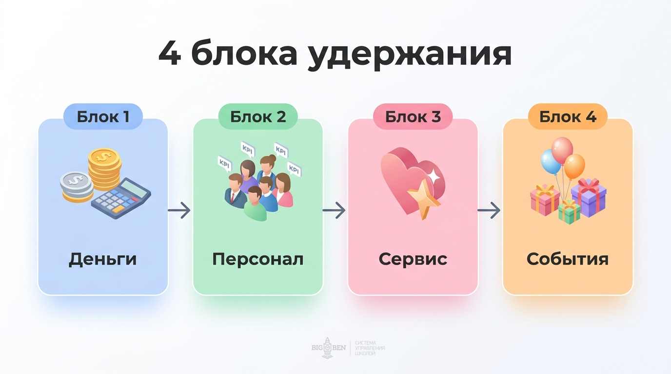 Четыре блока удержания учеников в языковой школе: деньги, персонал, сервис, события
