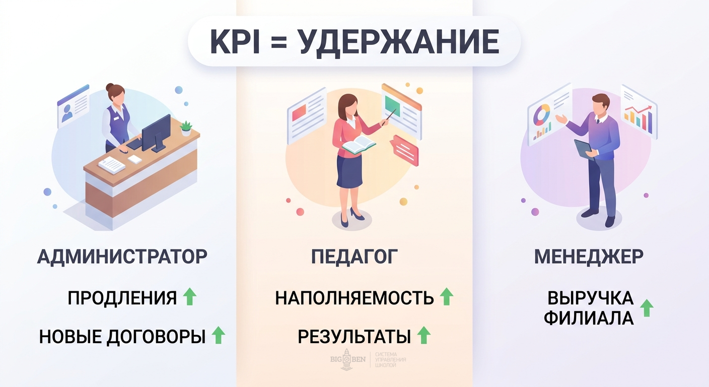 KPI для команды языковой школы: администратор, педагог, менеджер — бонусы за удержание