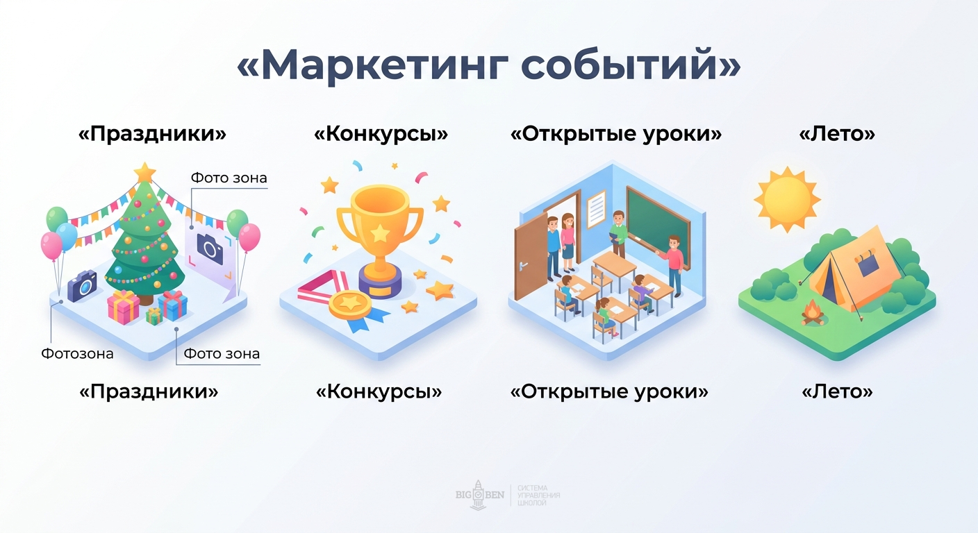 Внутренний маркетинг событий: праздники, конкурсы, открытые уроки, летние программы