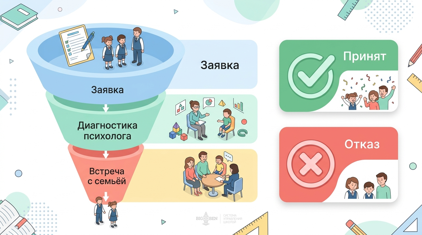 Инфографика: трёхступенчатый отбор учеников в семейные классы — заявка, диагностика, встреча с семьёй
