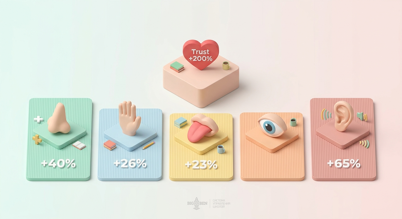 Пять каналов сенсорного маркетинга в языковой школе: обоняние, осязание, вкус, зрение, слух