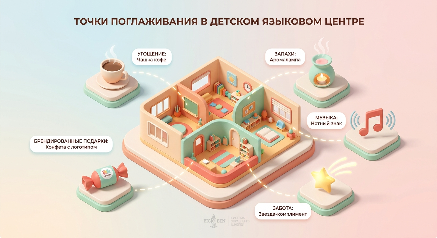 Точки поглаживания в языковой школе: угощение, ароматы, тактильность, музыка, комплименты