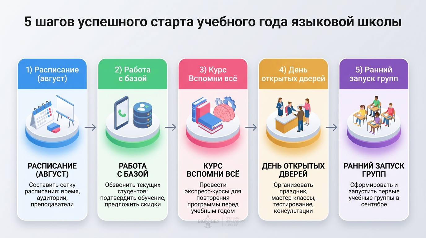 5 шагов успешного старта учебного года: расписание, работа с базой, курс Вспомни всё, день открытых дверей, ранний запуск групп