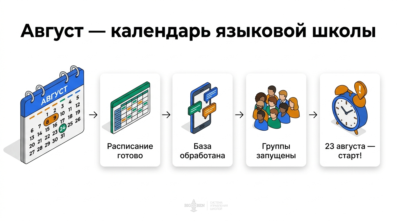 Августовский календарь языковой школы: расписание готово, база обработана, группы запущены