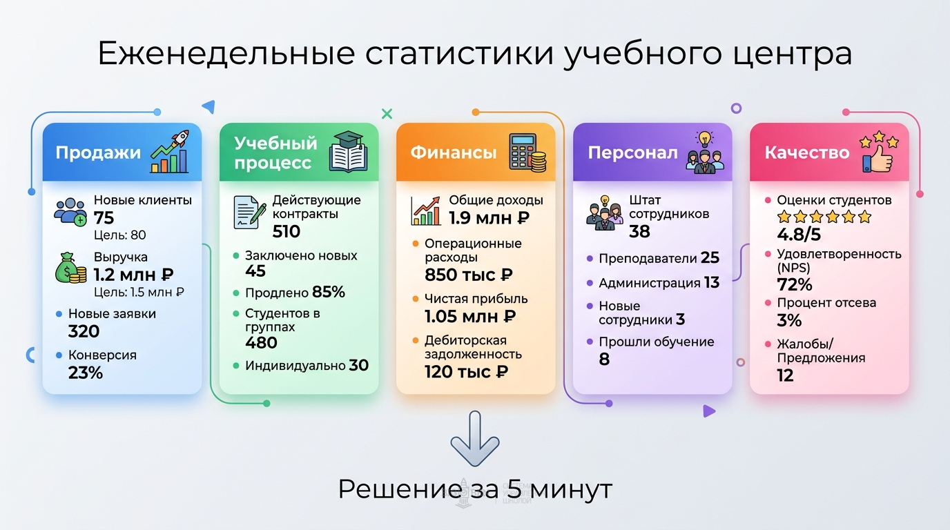 Система еженедельных статистик: 5 отделов подают данные — руководитель принимает решение за 5 минут