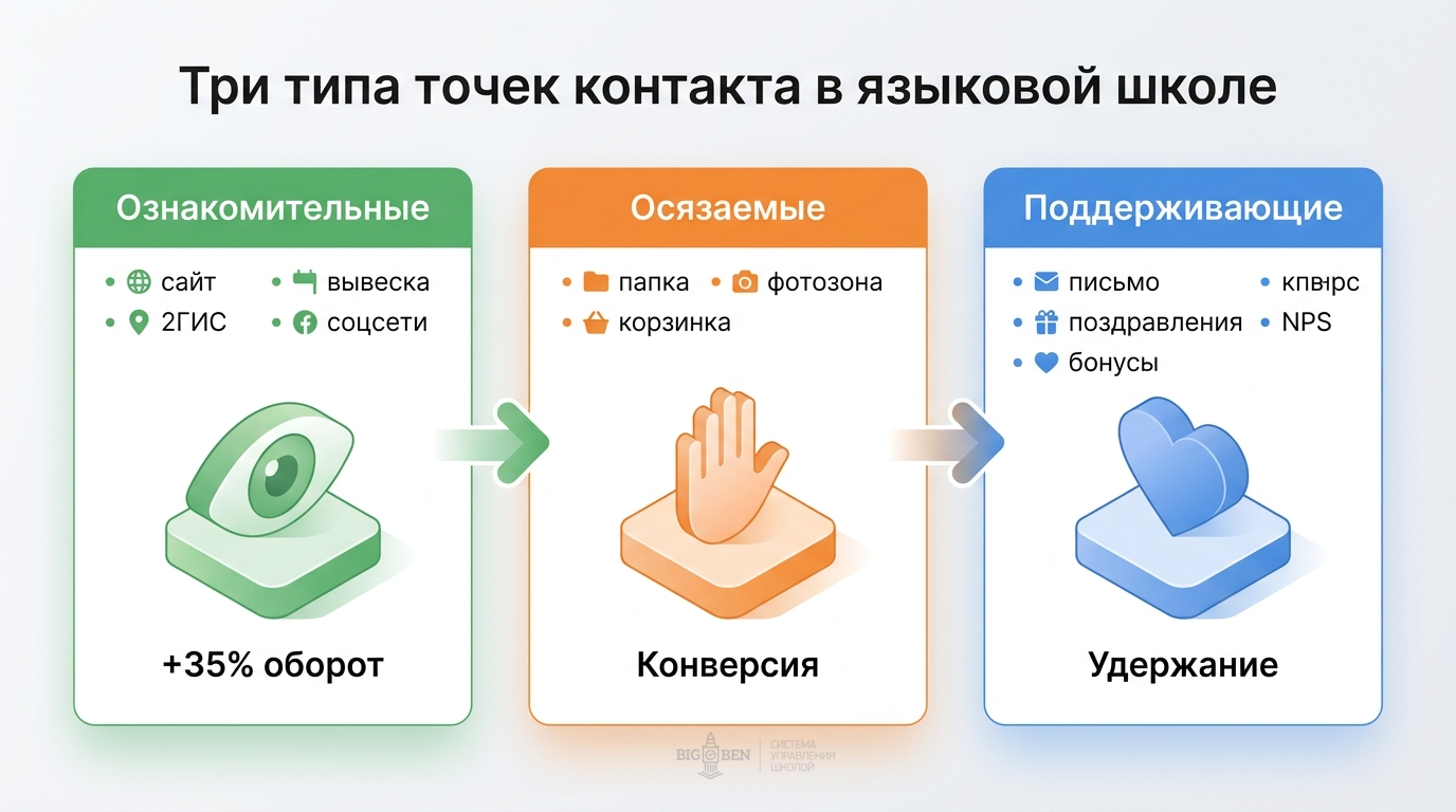 Три типа точек контакта в языковой школе: ознакомительные, осязаемые, поддерживающие