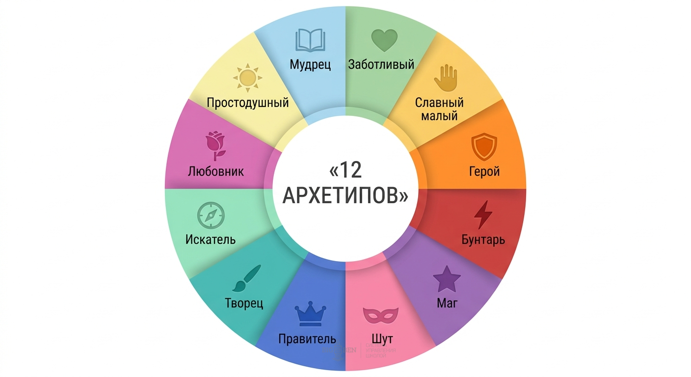 12 архетипов бренда по Юнгу и Пирсон: мудрец, заботливый, славный малый, герой, бунтарь, маг, шут, правитель, творец, искатель, любовник, простодушный