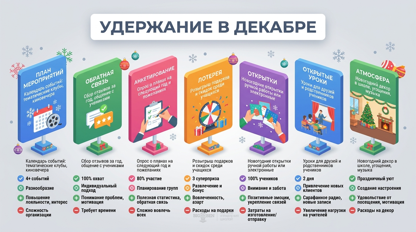7 фишек удержания учеников в декабре: план мероприятий, обратная связь, лотерея, открытые уроки