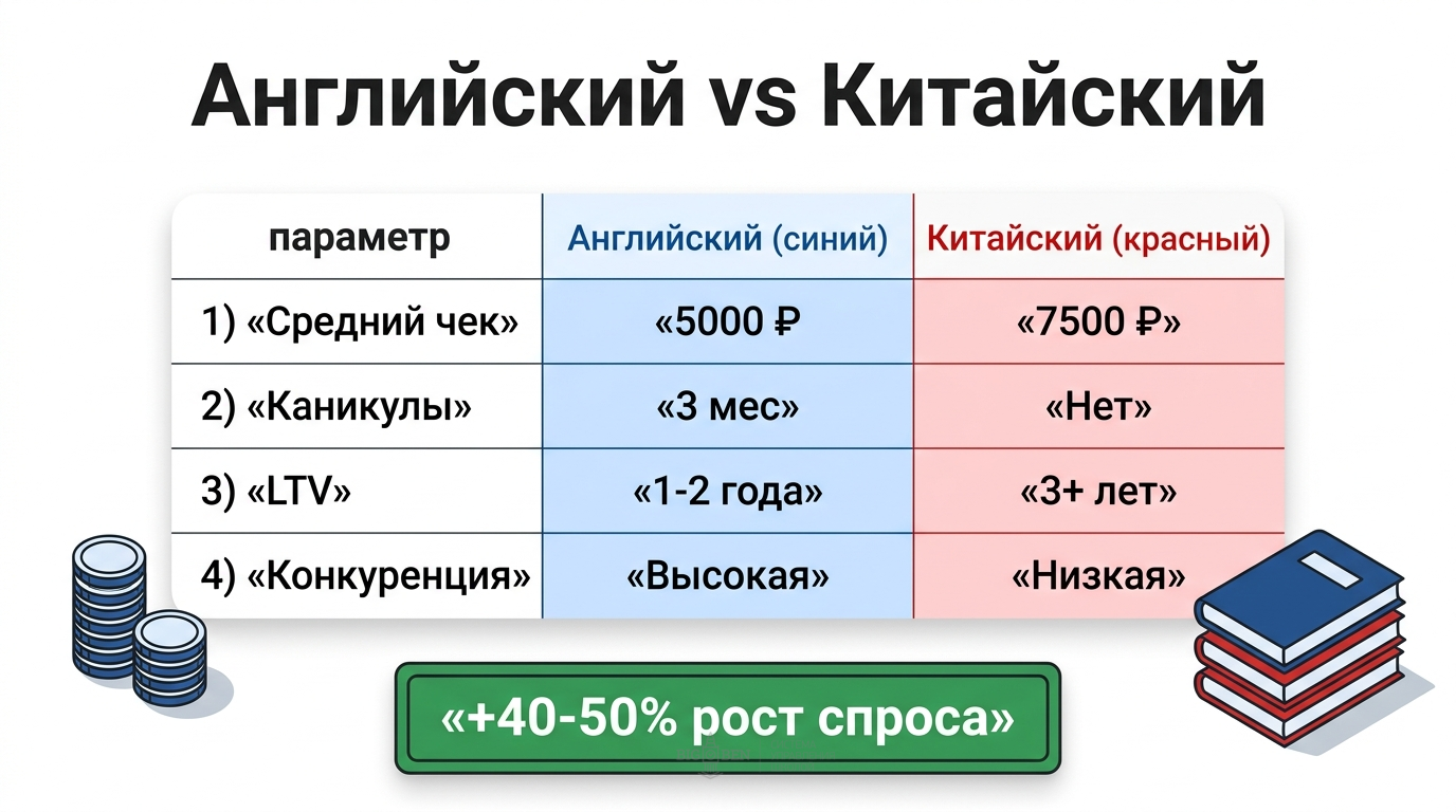 Сравнение экономики английского и китайского языка: чек, каникулы, LTV, конкуренция