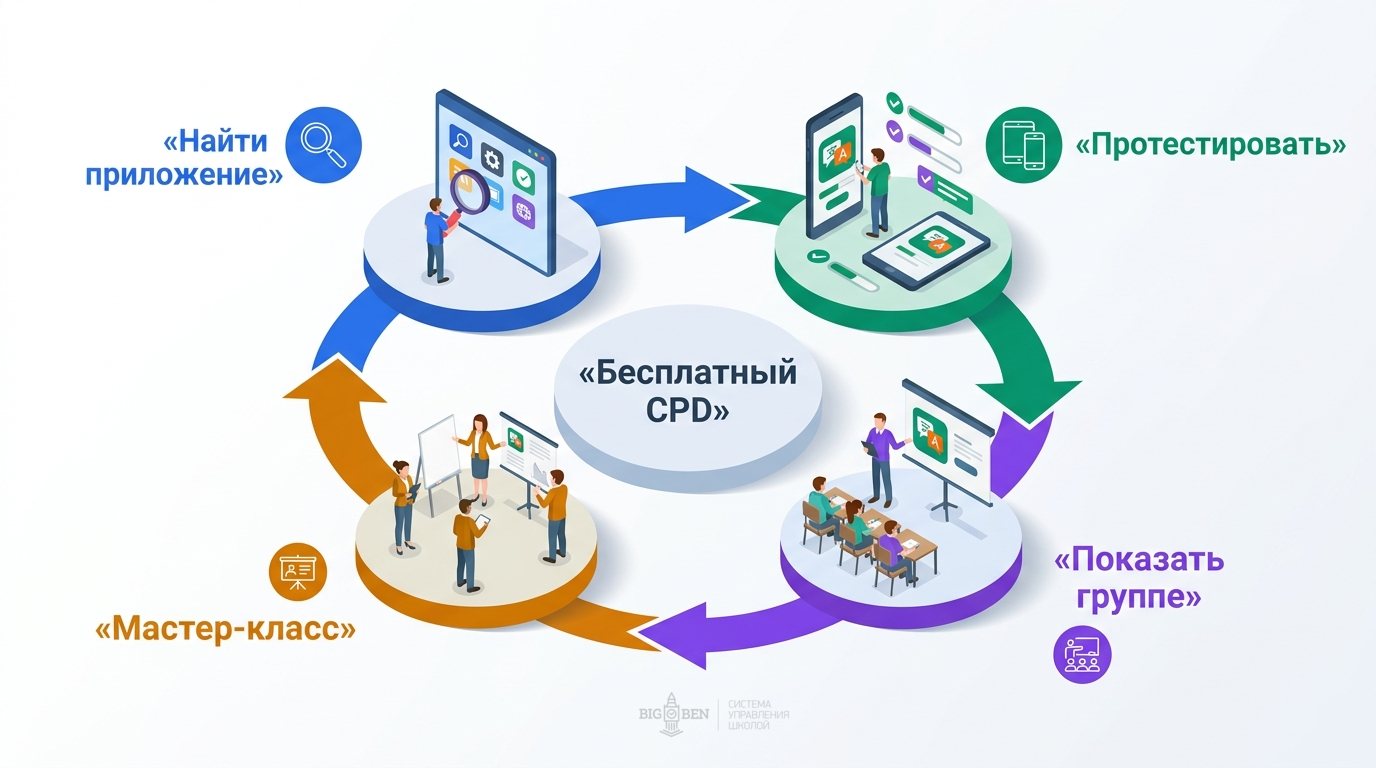 Цикл бесплатной CPD через взаимопосещение: найти, протестировать, показать группе, мастер-класс