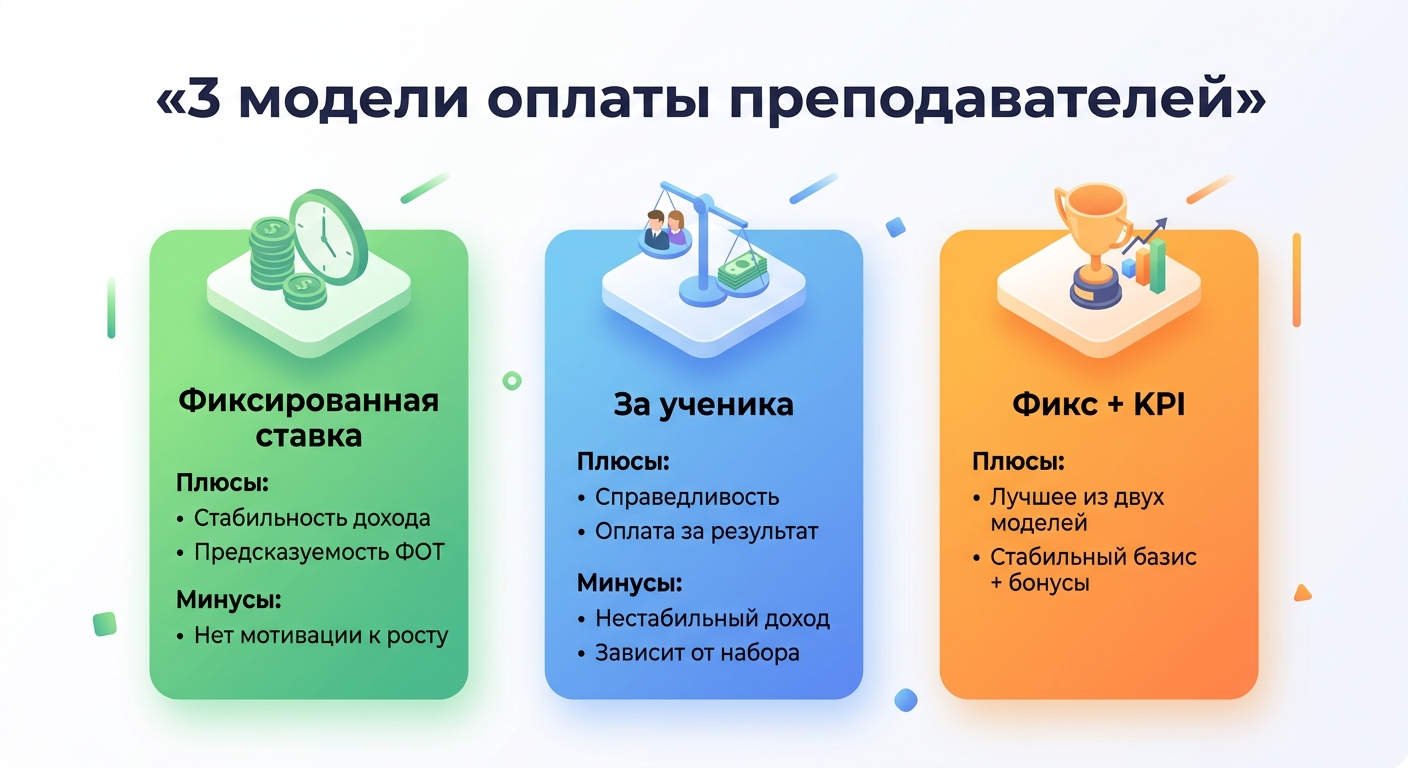 3 модели оплаты труда преподавателей: фиксированная ставка, за ученика, фикс + KPI-бонусы