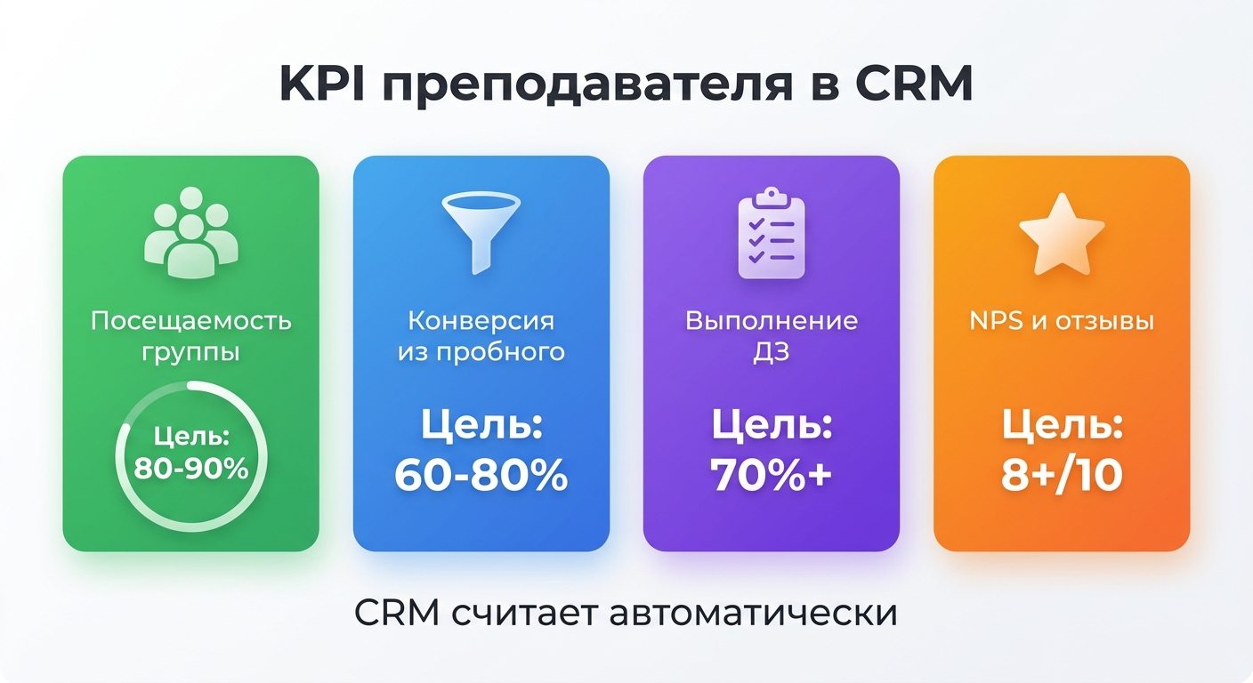 KPI-дашборд преподавателя в BigBen CRM: посещаемость, конверсия из пробного, NPS, бонус