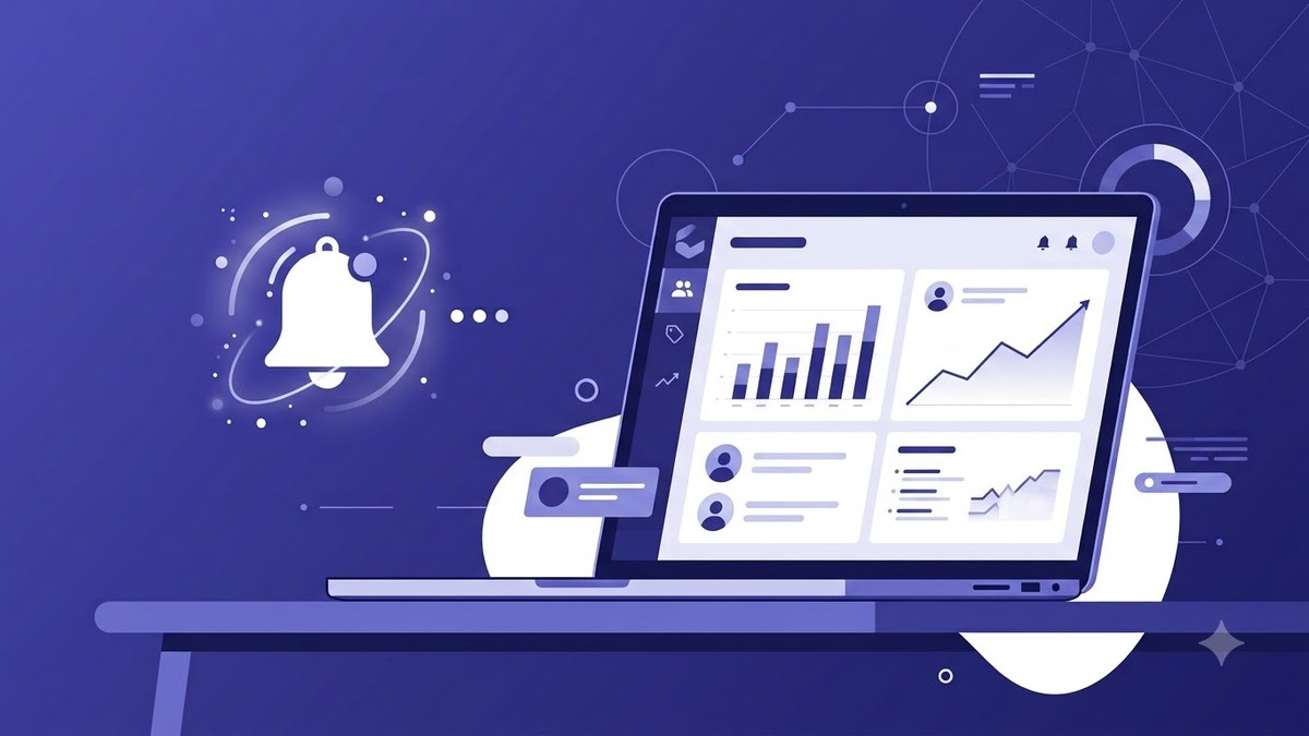 Ноутбук с дашбордом CRM и колокольчик уведомлений