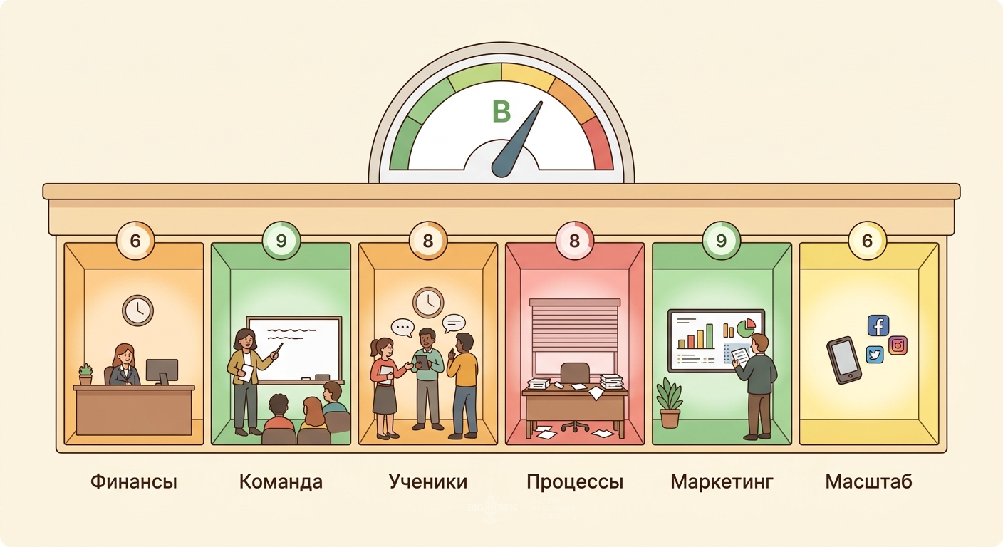 Диагностика языковой школы — 6 направлений аудита: финансы, команда, ученики, процессы, маркетинг, масштаб