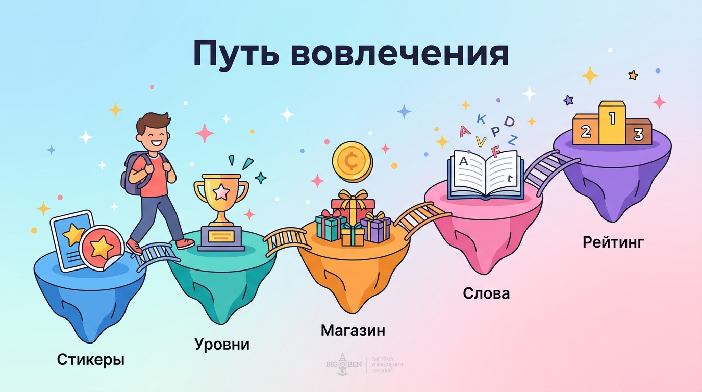 Путь вовлечения ученика: стикеры, уровни, магазин, словарный тренажёр, рейтинг